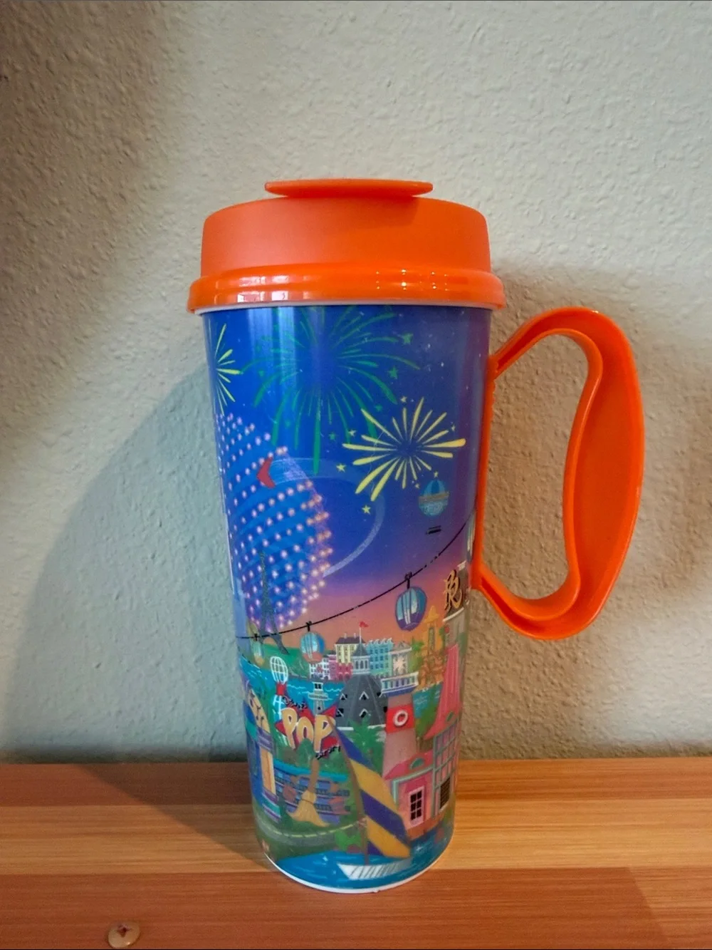 Disney Orange-Handled Mickey & Friends Travel Cup with Fireworks Art